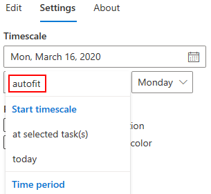 captura de pantalla con ajuste automático para la escala de tiempo de Gantt
