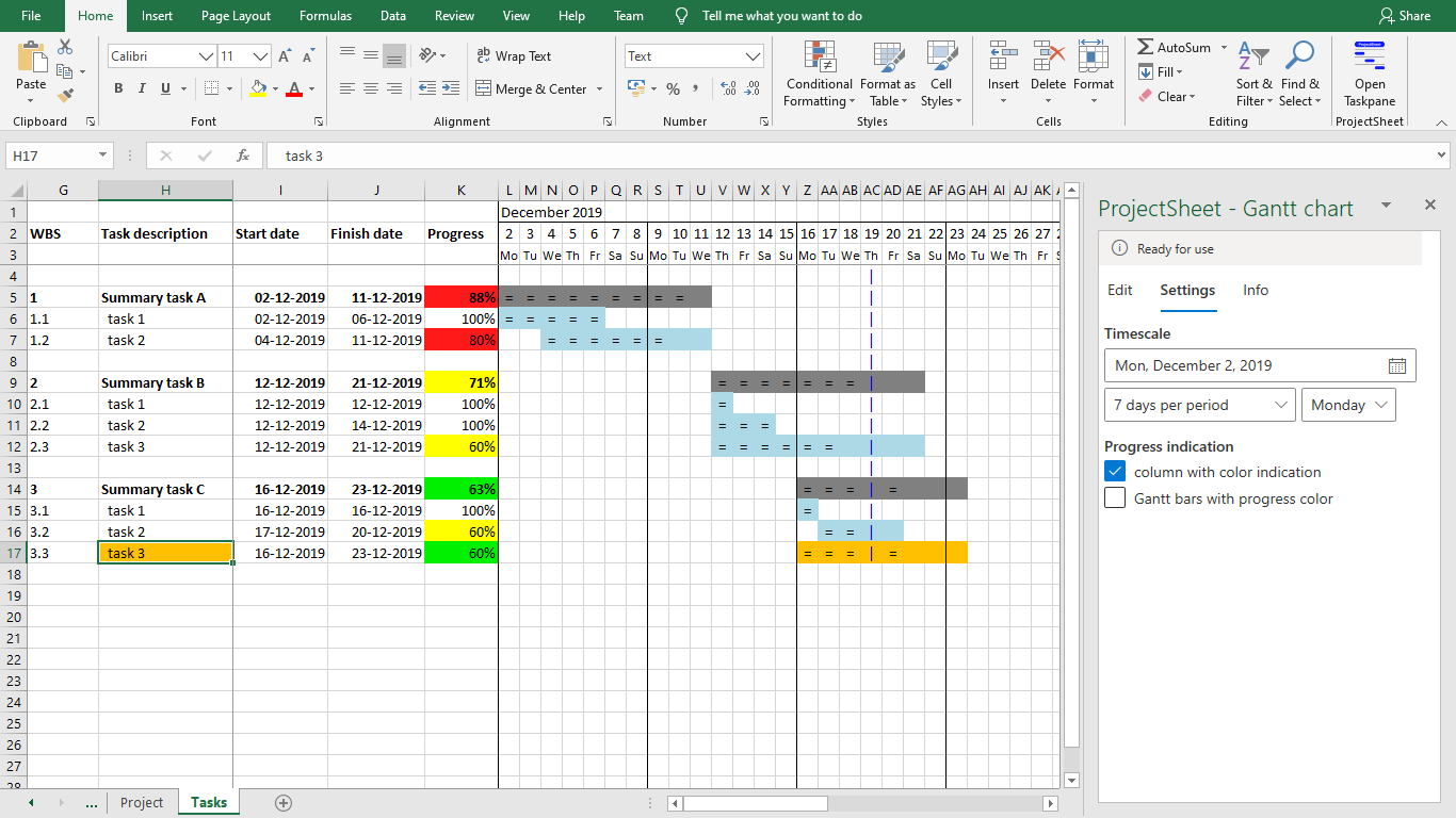 skärmdump med Excel och inställningar i aktivitetsfönstret